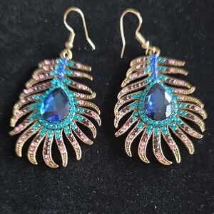 Elegant Gold and Blue Peacock Feather Earrings